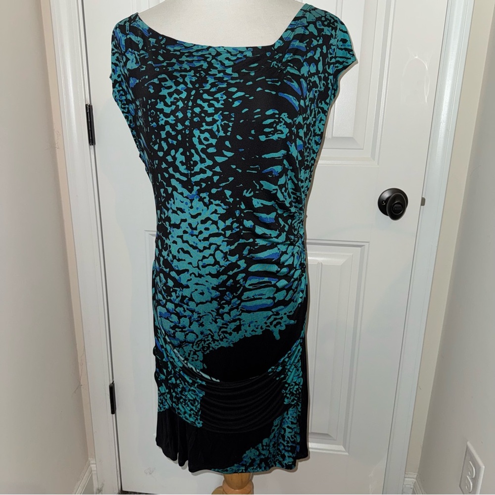 Hale‎ Bob 100% Silk Stretch Dress Large Blue Teal Abstract Animal Print Ruched